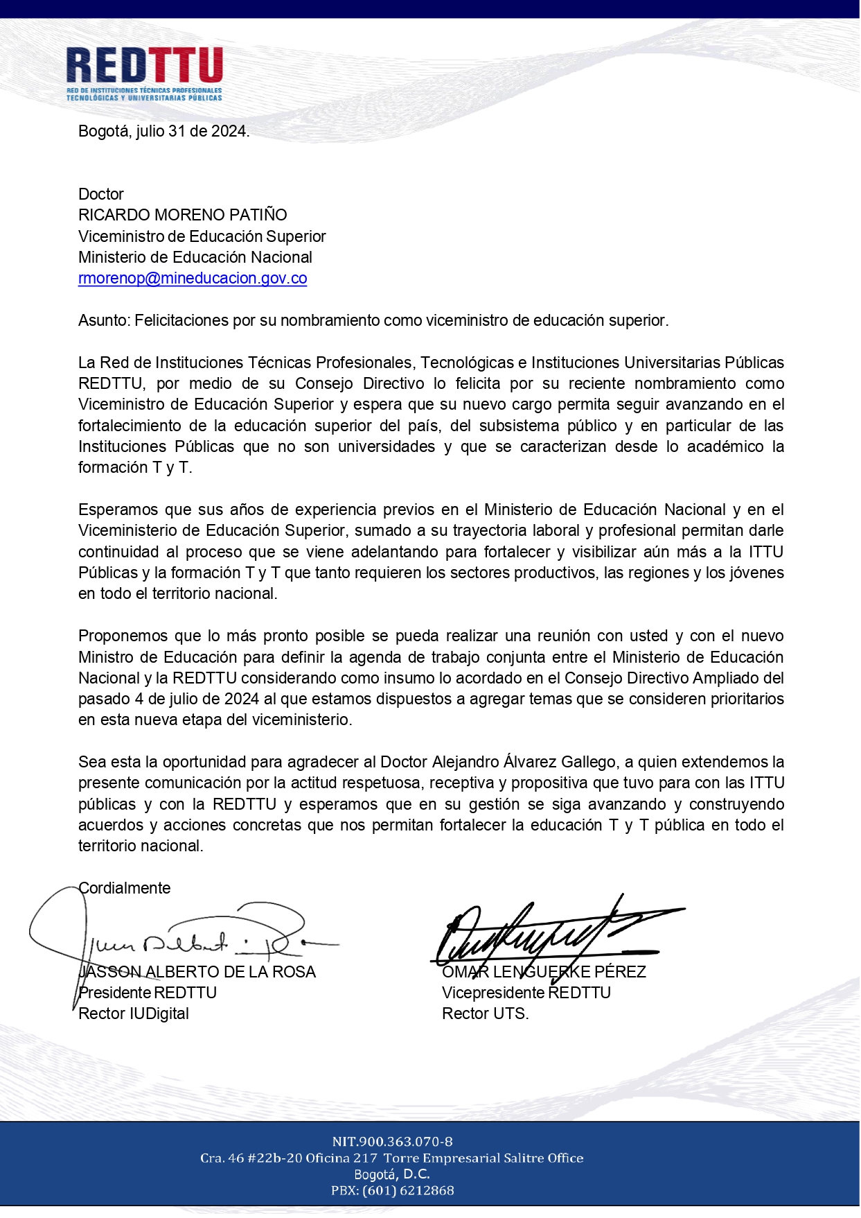 Carta de felicitación al Dr. Ricardo Moreno Patiño por su nombramiento como viceministro de educación superior @mineducacion 1